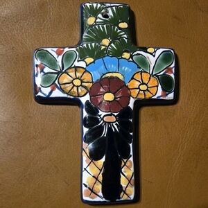 Talavera Green and Blue Ceramic Meican Art Cross Wall Hanging